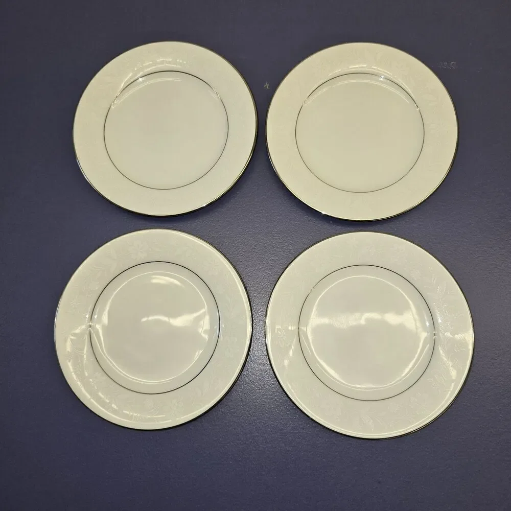 Noritake Ranier 4 Bread & Butter Plates Platinum Trim #6909 Floral White